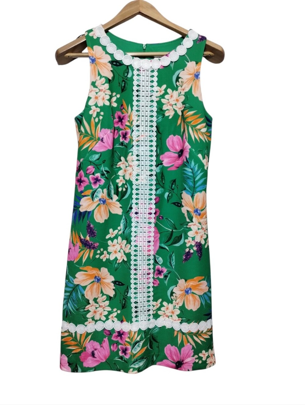 Eliza‎ J Women's 8 Floral Coastal Shift Mini Dress Lace Trim Tropical